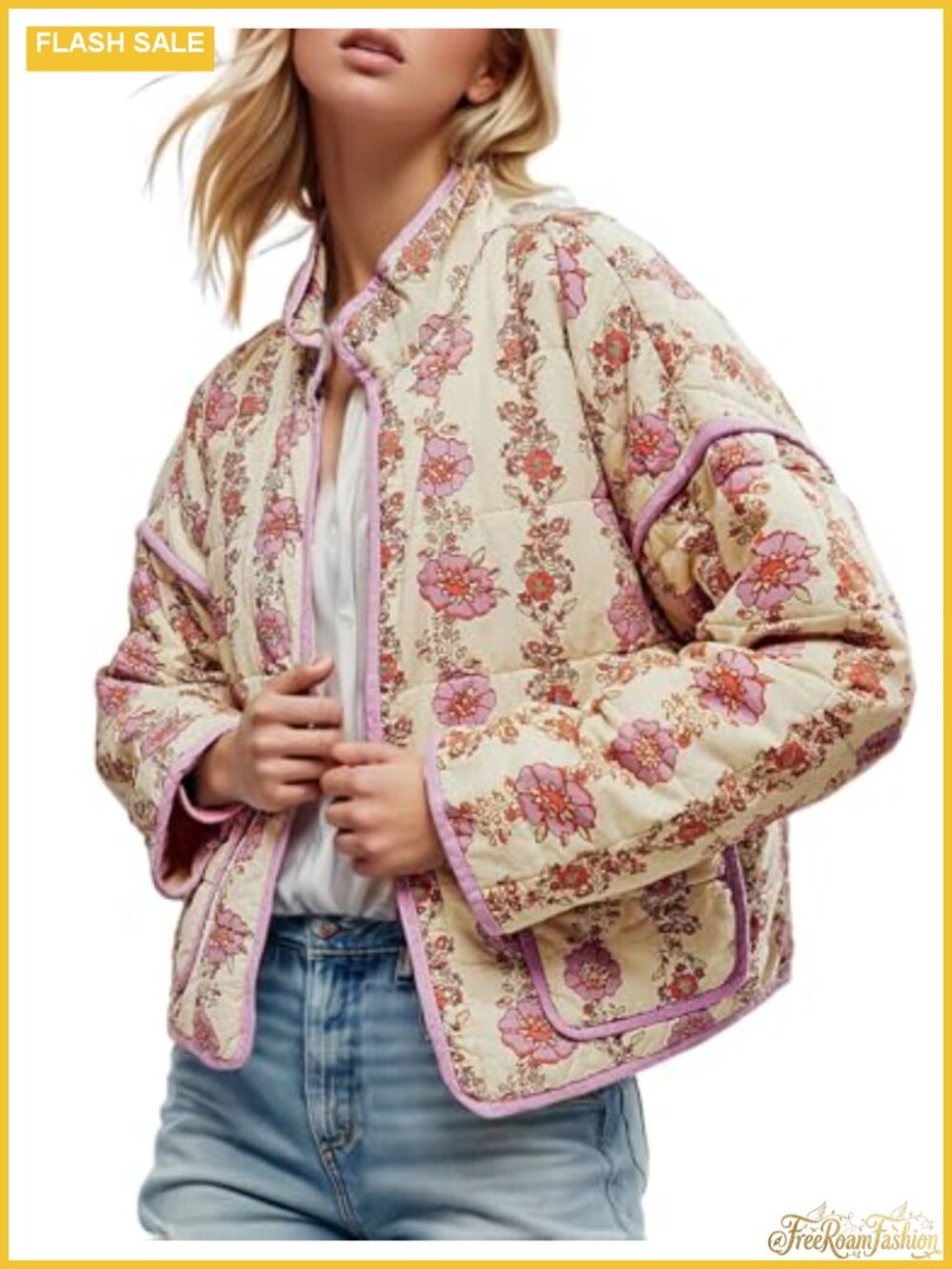 Cropped Puffer Quilted Jacket Vintage Floral Print Open Front Lightweight Short